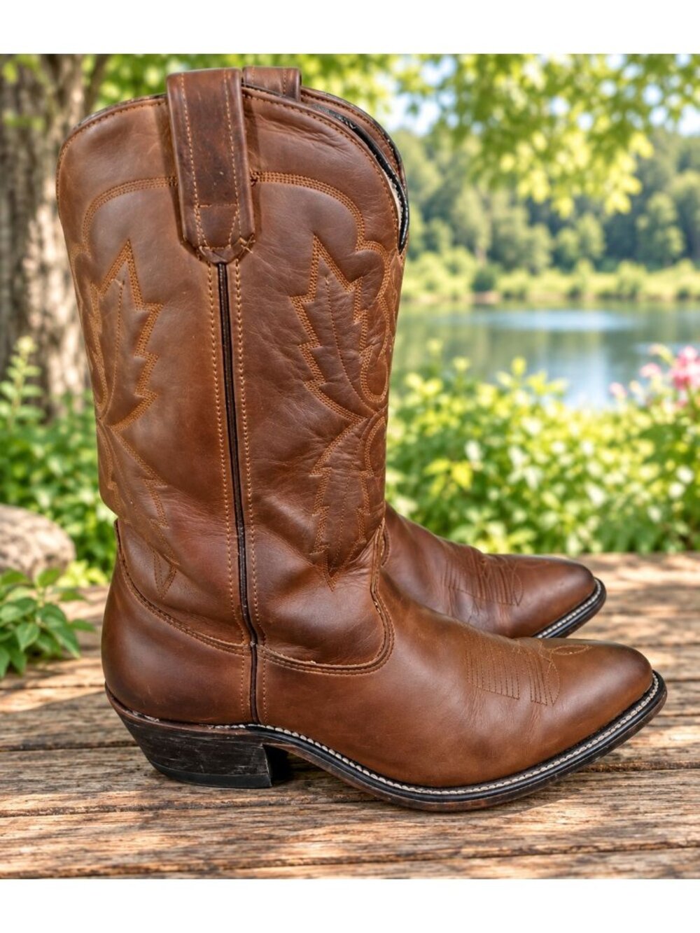 Vintage 90s Sheplers Mens Embroidered Brown Leather Western Cowboy Boots Sz 9 D